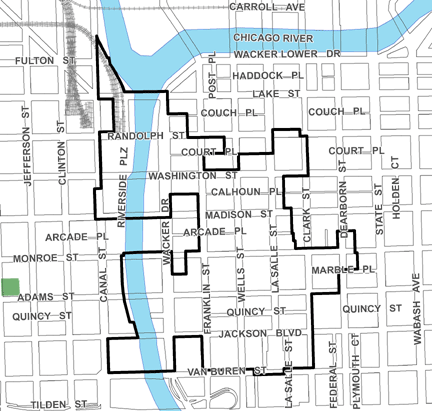 LaSalle/Central TIF district map, roughly bounded on the north by the Chicago River, Van Buren Street on the south, State Street on the east, and Canal Street on the west.